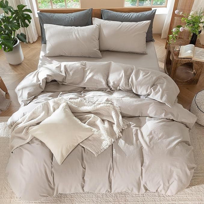 MooMee Bedding Duvet Cover Set 100% Washed Cotton Linen Like Textured Breathable Durable Soft Comfy (Solid Light Tan, Cal King 104"x98")