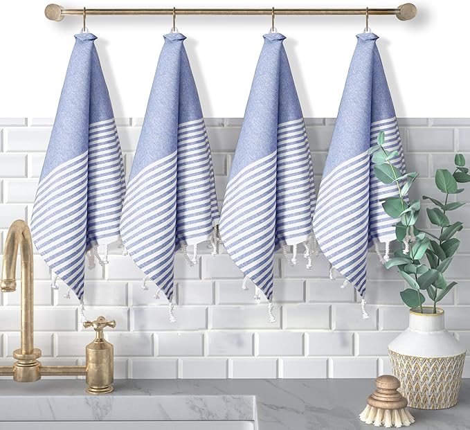 Turkish Kitchen Towels 18x26 Inches with Tassels - 4 Pack - Absorbent, Durable, Soft 100% Cotton Dish Towels for Drying & Cleaning - Machine Washable, Quick Dry - Indigo Blue