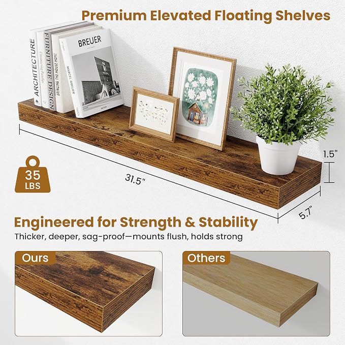 Fun Memories Bathroom Shelves 32 Inch Long Set of 2, Floating Shelves for Wall with Invisible Brackets, for Bedroom, Living Room, Kitchen, Rustic Brown