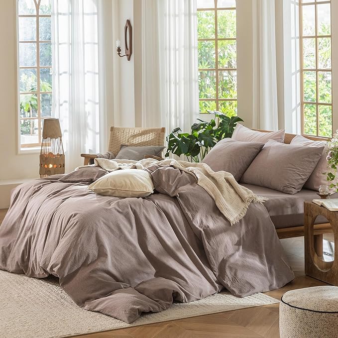 MooMee Bedding Duvet Cover Set 100% Washed Cotton Linen Like Textured Breathable Durable Soft Comfy (Heathered Mauve Brown, Oversized Queen 98"x98")