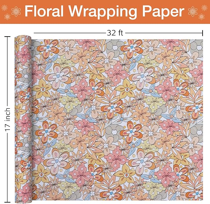 RayofSun Floral Wrapping Paper Roll 17 in x 32ft Mini Roll Boho Vintage Flower Gift Wrap All Occasion Wedding Birthday Bridal Shower Party Baby Shower Christmas