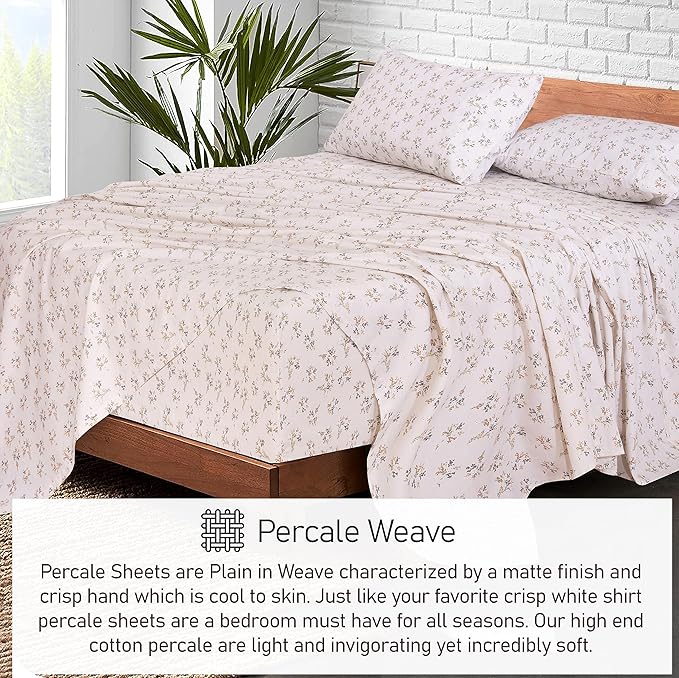 RUVANTI 100% Cotton California King Sheet Sets, 4 Pieces, Soft & Breathable Percale Weave Bedding, Deep Pocket 14", Hotel Standard, Crisp Cool Feel & Durable, Perfect Floral Sheets, Twin Spring