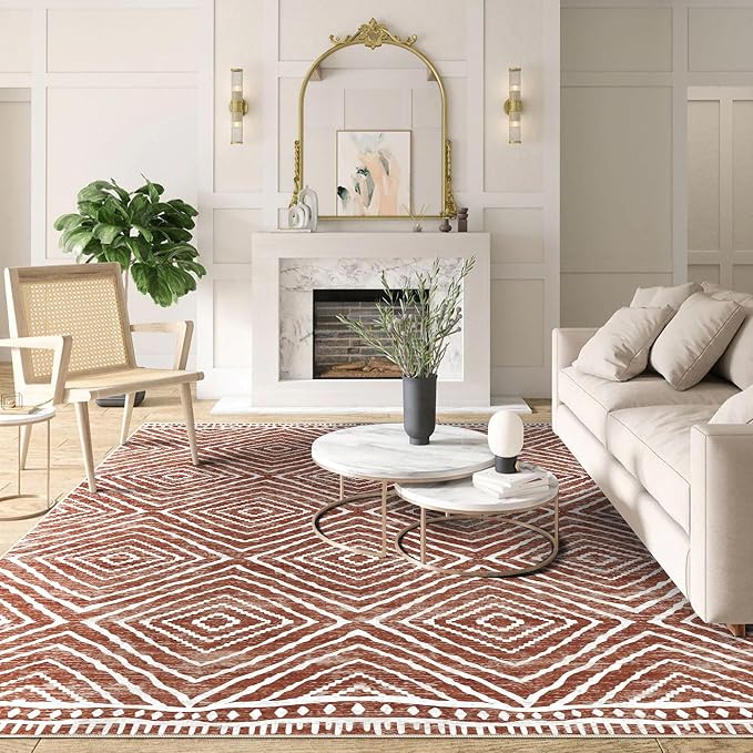 5x7 Area Rugs - Ultra-Thin Washable Rug with Non-Slip Backing, Ideal for Living Room, Bedroom, Kitchen Floor Carpet - Western Style, Easy Clean, Durable, Brown Red