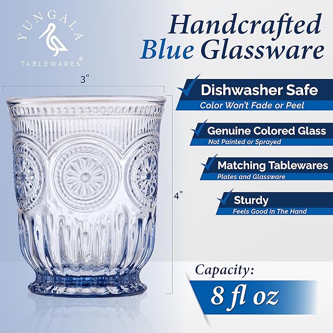 Blue Glassware set of 6 small dishwasher safe colored glasses, Blue glass cups, matching highball and wine glasses available