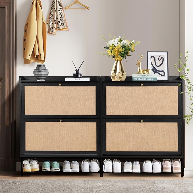 LEVNARY Shoe Cabinet for Entryway, Black Slim Shoe Cabinet with 2 Flip Drawers Narrow Shoe Storage Cabinet, 2 Tier Freestanding Shoe Organizer for Entryway, Hallway, Living Room (2, Black)