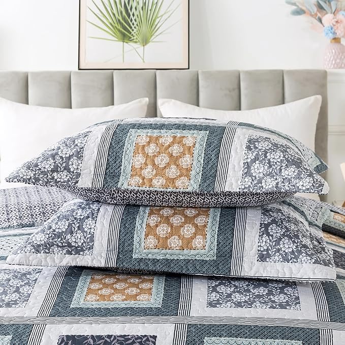 HoneiLife Queen Quilt Bedding Set - 3 Pieces Microfiber Quilt Sets Lightweight Bedspreads Reversible Coverlets Rustic Bed Cover Floral Bedding Set All Season Quilts-Grey
