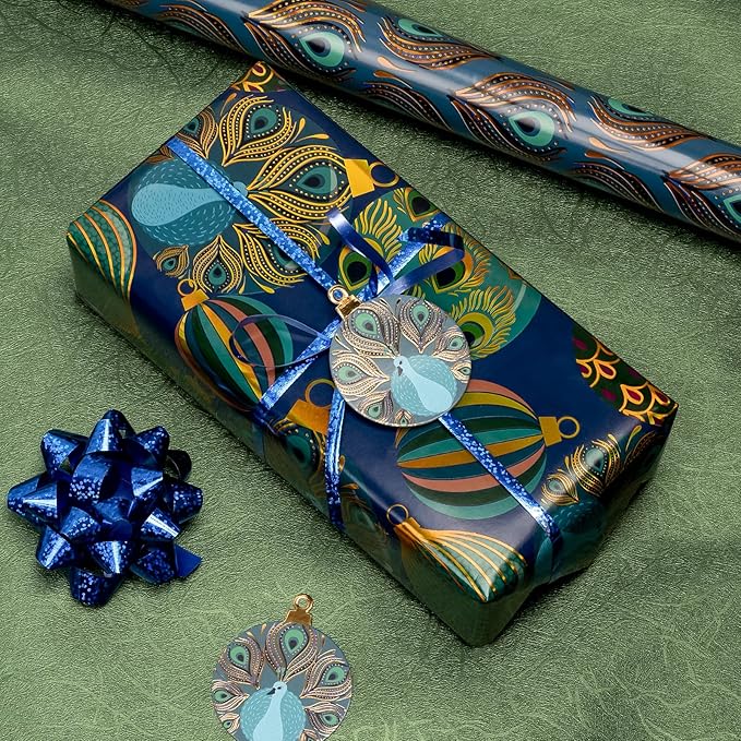 WRAPAHOLIC 30 Inch Peacock Christmas Wrapping Paper Roll - Jumbo Roll Green Peacock Elements Patterns with Metallic Foil Shine - 4 Rolls - 30 Inch x 120 Inch Per Roll