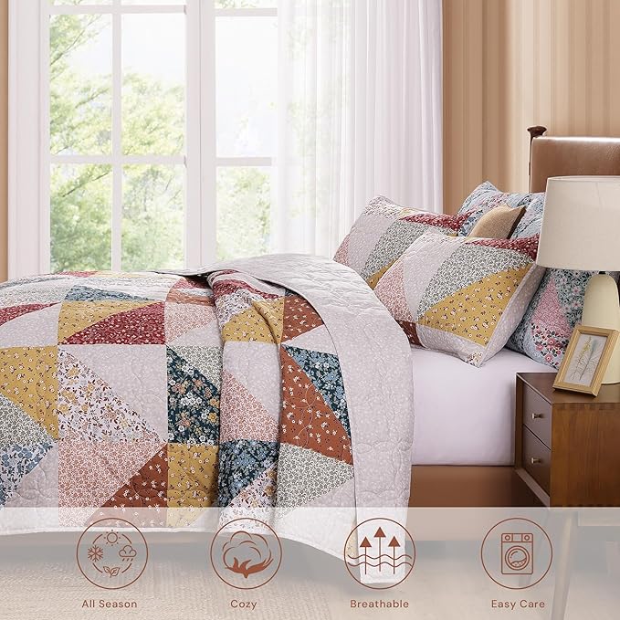 Quilt Set Twin Size, Patchwork Burnt Orange Floral Quilt Sets, Reversible Bedspread Lightweight and Breathable for All Seasons, Soft Quilted Bedspread with 1 Pillow Sham