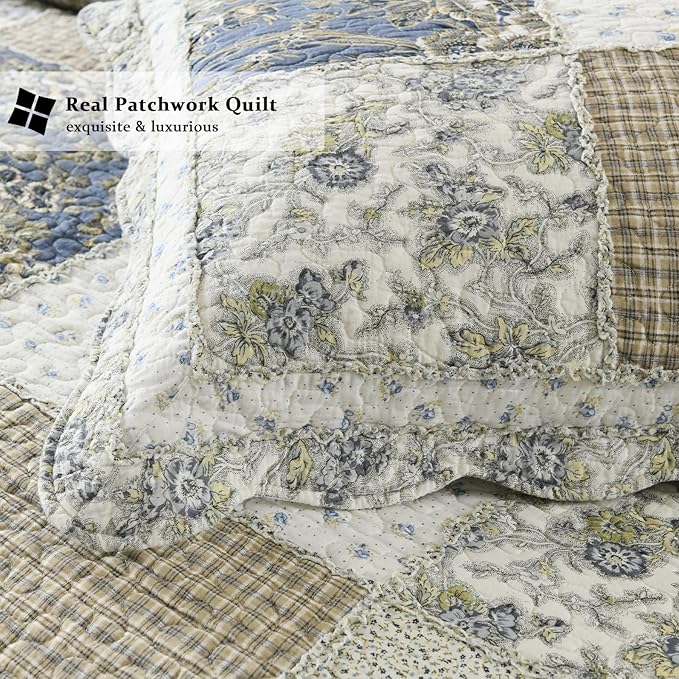 Yvooxny Quilt Set Queen Size Reversible Country Farmhouse Floral Real Patchwork Quilted Bedspread 3-Piece Quilt Set with Pillowcases with Ruffles for All Seasons, 90 x 98 Inches