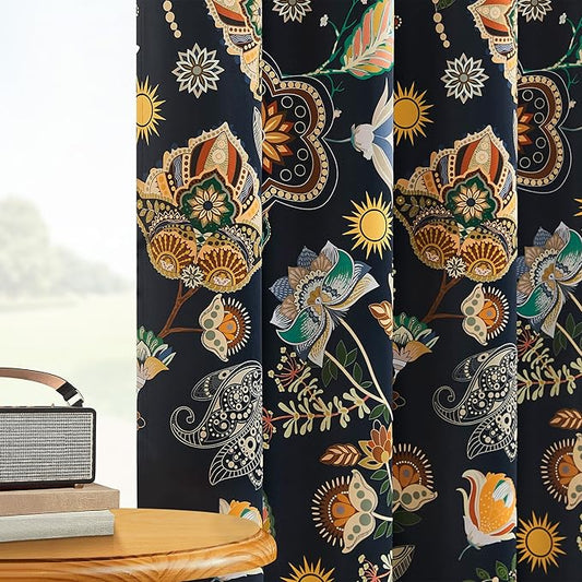 XiDi Navy Blue Blackout Curtains 90 Inches Long with Vintage Floral Leaf Patterned for Bedroom 2 Panels Room Darkening Thermal Insulated Mid Century Modern Curtains Grommet Drapes Home Decor 52x90