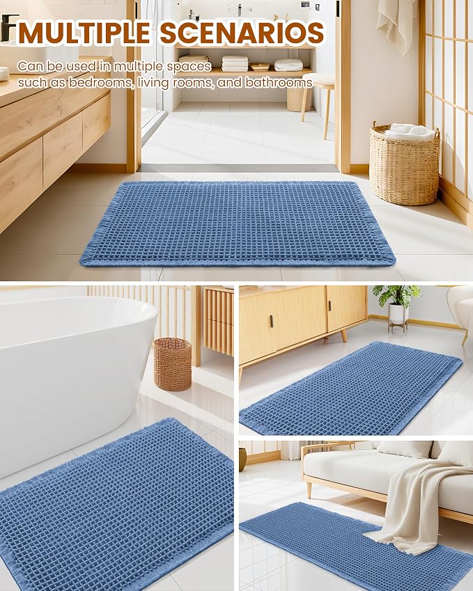Smiry Waffle Bath Mat 60x24, Extra Soft Absorbent Bathroom Rugs, Non Slip Machine Washable Quick Dry Bath Rugs for Bathroom Floor, Tub, Shower, Home Decor Accessories, Blue