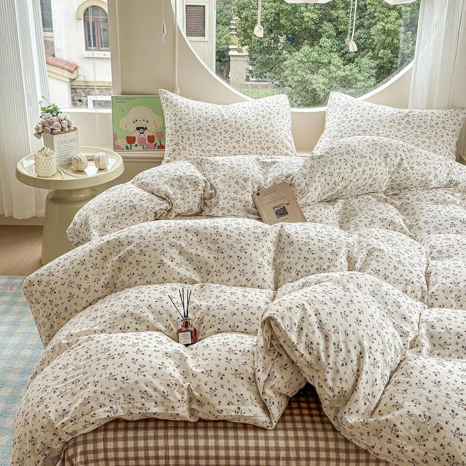LifeTB 100% Cotton Muslin Duvet Cover Twin Size Vintage Botanical Floral Duvet Cover Ultra Soft Flower Comforter Cover Lightweight Soft Breathable Gauze Bedding Comforter Cover with 2 Pillowcases