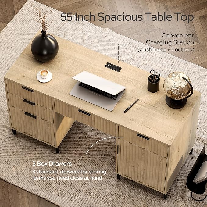 55" Fluted Executive Desk, Modern Wood Home Office Desk with Charging Station, Keyboard Tray, File Drawer, Storage Cabinet for Work Study Writing Desk, Light Oak