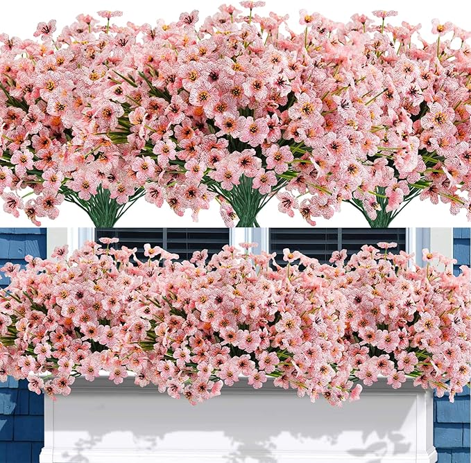 Uieke Artificial Fake Flowers, 16 Bundles Outdoor Plastic Flowers Cemetery Flowers UV Resistant No Fade Floral Arrangements Outside Hanging Planter Home Garden Porch Window Box Décor (Pink)