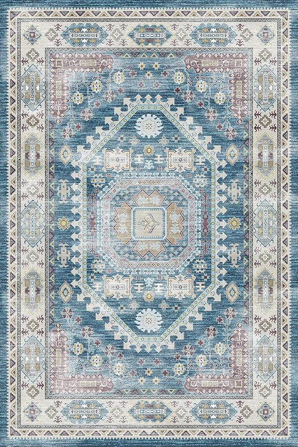 vivorug 8x10 Area Rugs for Living Room, Non-Slip Backing Washable Rug 8x10, Blue Large Area Rug Soft Carpet for Bedroom Dining Room, Vintage, Easy Clean, Durable, Low Pile Rug Under Table