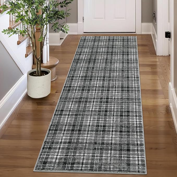 Washable Runners for Hallways 2x10 Rug Modern Bathroom Rugs Non Slip Kitchen Rugs Farmhouse Low Pile Entryway Rug Soft Stain Resistant Carpet for Laundry Hallway Bedside, 2'x10' Black&Grey