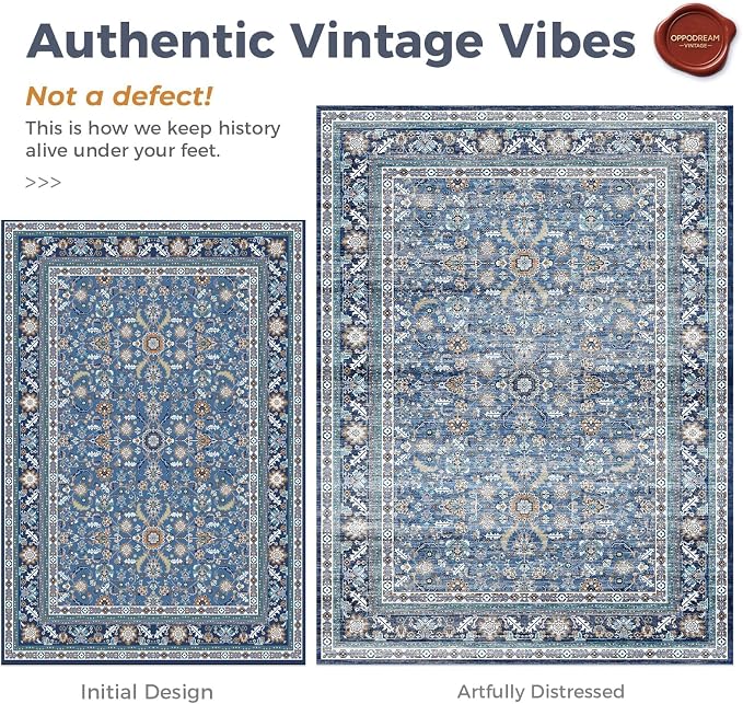 OPPODREAM Vintage Blue Round Rug 6ft, 6 ft Retro Washable Circle Rug Non Slip, Low-Pile Faux Wool Circular Carpet, Distressed Navy Floor Mat for Living Room, Bedroom, Office, Dorm, Dinning Room
