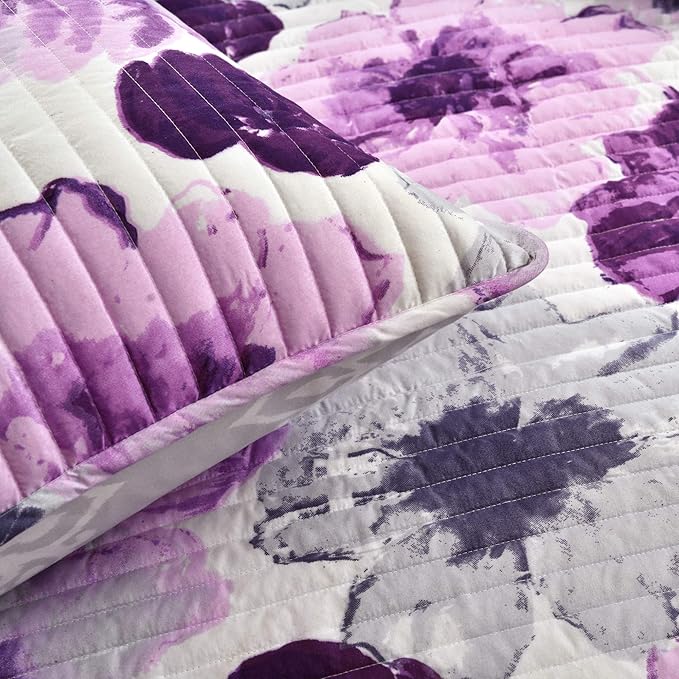 Lush Decor Leah Reversible Floral Quilt Set, 3 Piece Set, King, Gray & Purple - Watercolor Botanical - Cottage Core - French Country Decor- Bedding Queen Size