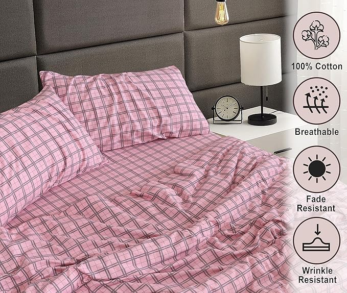 RUVANTI Flannel Sheets Queen Size - 100% Cotton Double Brushed Bed Sheets, Deep Pockets 16 Inches Queen Sheet Set, All Seasons Breathable & Extra Soft - Warm & Cozy, 4 Piece, Check & Bolt Pink