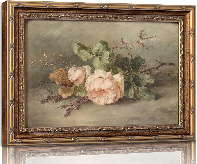 Vintage Gold Framed Flower Still Life Wall Art Retro Rose and Wildflower Wall Decor Pink Floral Print artwork Farmhouse Country Flower painting Picture for Gallery Kitchen Living Room Bedroom 9X11in