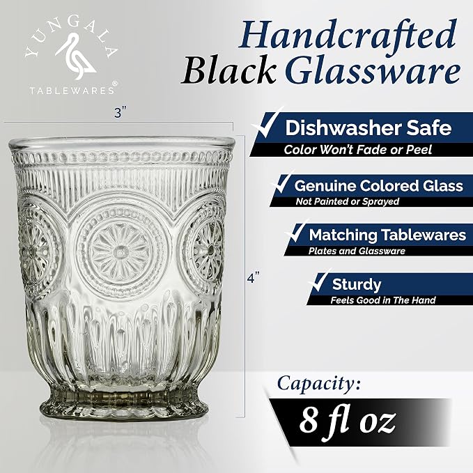 Black Glassware set of 6 smoke drinking glasses, 8 oz water glasses textured colored vintage glass cups dishwasher safe