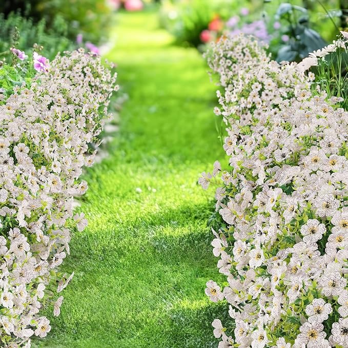 Artificial Flowers Outdoor Faux Plants UV Resistant Fake Patio Flowers Plastic Greenery Plnats Outside Bulk for Spring Garden Hanging Planter Home Vase Decor, 12 Bundles (White)