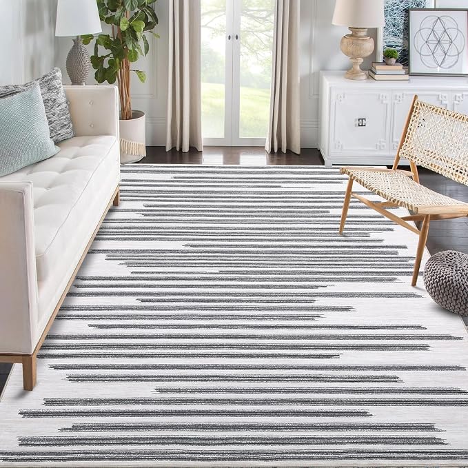 Washable 10x13 Modern Abstract Area Rug for Living Room Low Pile Soft Bedroom Rugs Non Slip Abstract Lines Large Carpet Thin Foldable Modern Indoor Carpet for Playroom Open Living Room, Beige Grey