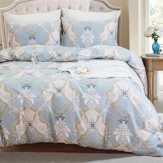 100% Natural Cotton Duvet Cover Set Queen 3 Pcs Grayish Blue Duvet Cover with Luxurious Damask Pattern, Reversible Breathable Soft Comforter Cover Sets with Zipper Closure All Season