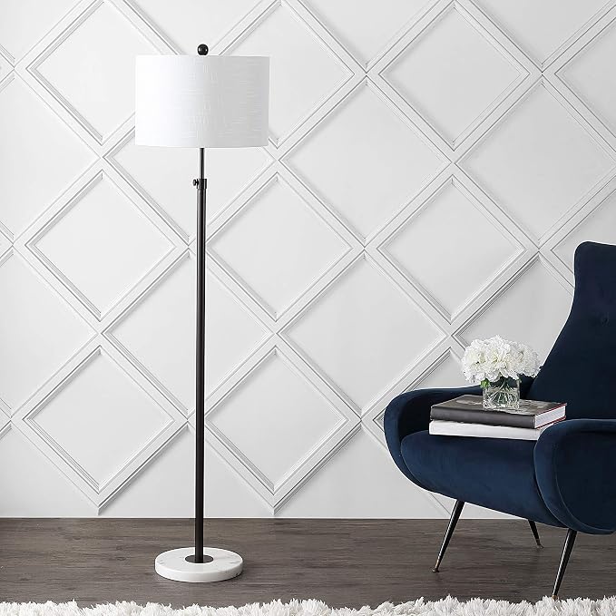 JONATHAN Y 65" Oil Rubbed Bronze and White Marble Adjustable LED Floor Lamp, Modern Glam Standing Light for Living Room Bedroom, White Linen Shade, Bulb Included (JYL3022B)