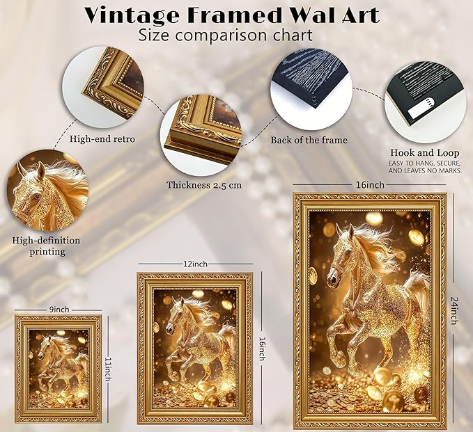Vintage Gold Framed Gold Horse wall art Golden Money and Horse Wall Decor Wealth and Horses print artwork for office Business People Living Room home decor 9X11in