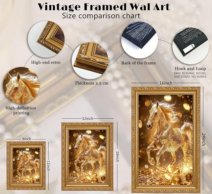 Vintage Gold Framed Gold Horse wall art Golden Money and Horse Wall Decor Wealth and Horses print artwork for office Business People Living Room home decor 12X16in
