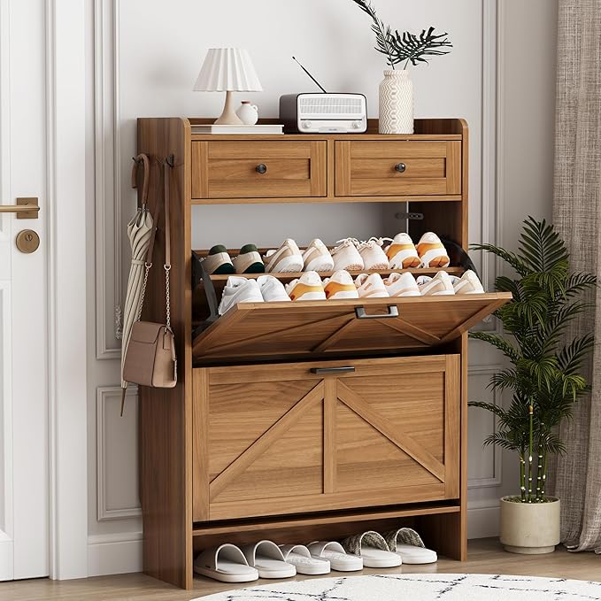 Shoe Cabinet with 2 Flip Drawers & 2 Top Drawers, 43" Tall Freestanding Narrow Wooden Shoe Storage Organizer for Entryway, Hidden Slim Shoe Rack for Front Door Entrance, Hallway, Living Room, Walnut