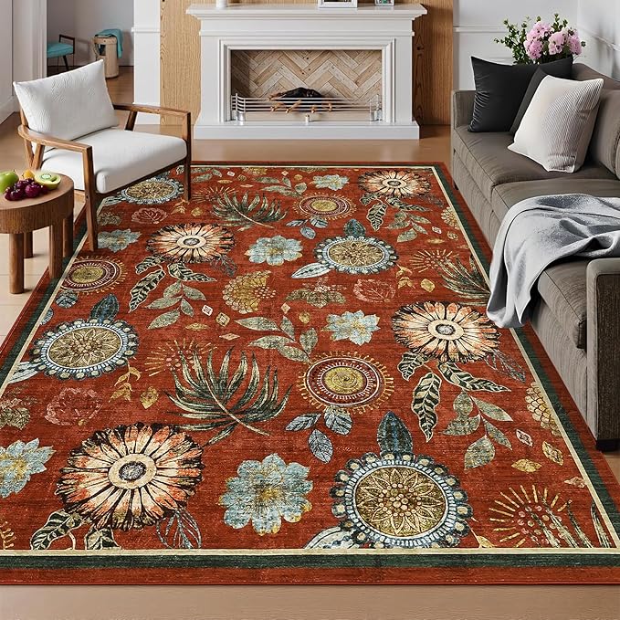 Washable 8x10 Modern Floral Area Rug Ultra Soft Thin Bedroom Carpet Non Shed Large Rugs Non Slip Living Room Rustic Rug Stain Resistant Indoor Home Decor Carpet for Farmhouse Dining Room, Brick Red