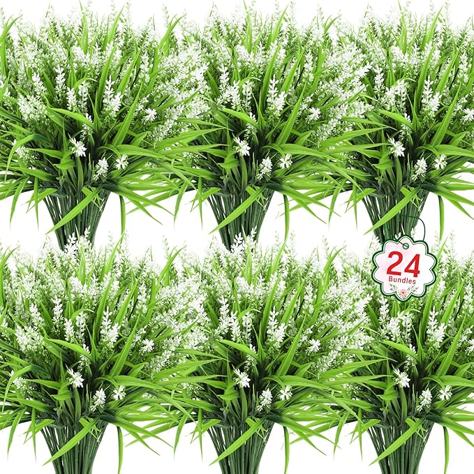 Ouddy Decor 24 Bundles Artificial Flowers for Outdoors, Fake Lavender Flowers Monkey Grass Faux Plastic Plants Shrubs UV Resistant for Porch Garden Window Box Office Home Decorations, White