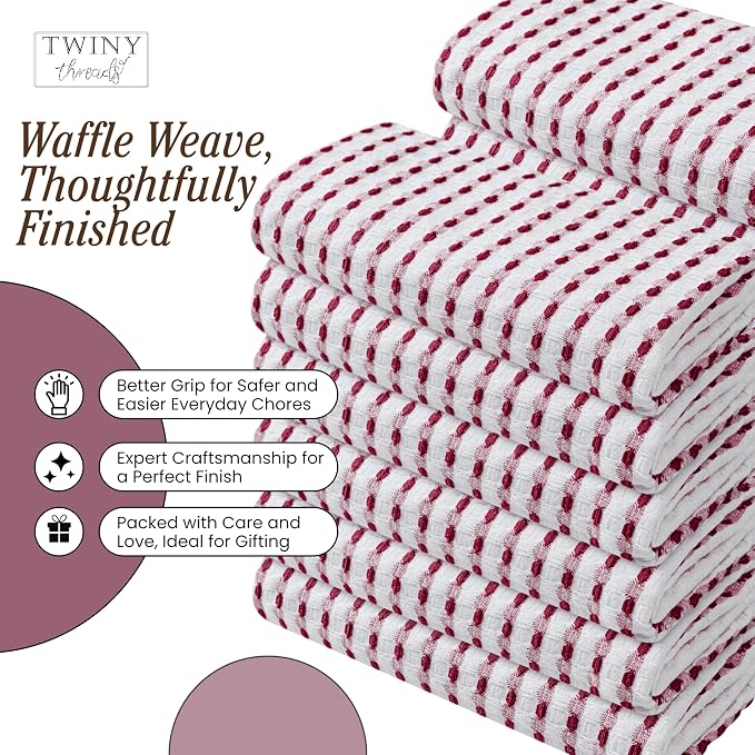 TWINY threads Waffle Weave Dish Towels Set of 4, Premium Cotton 16x26 Kitchen Hand Towel, Super Absorbent, Durable & Reusable Tea Towels for Home, Restaurants & Cafes, Burgundy Wine, White