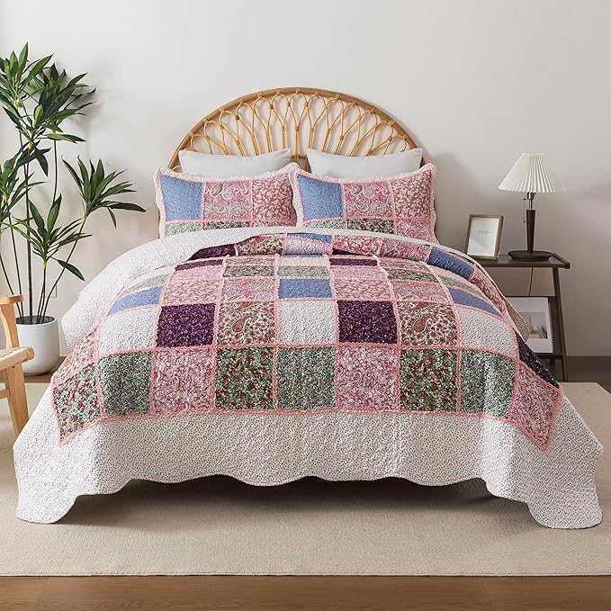 HoneiLife Queen Quilt Bedding Sets - Patchwork Quilt Bedding Sets 3-Piece 90x96, Reversible Bedspreads Floral Coverlet Nostalgic Bedding Set All Season Quilts