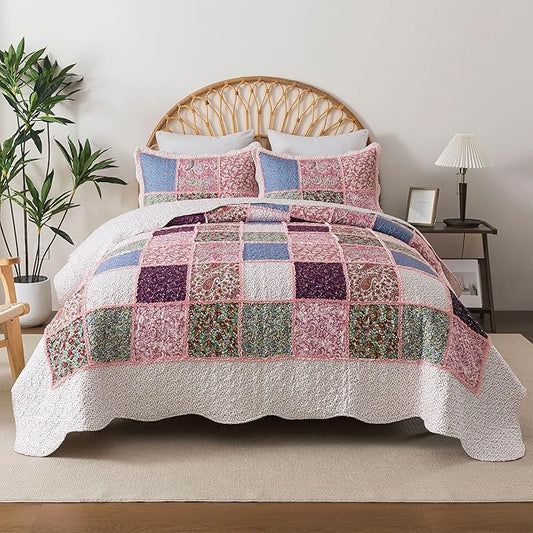 HoneiLife Queen Quilt Bedding Sets - Patchwork Quilt Bedding Sets 3-Piece 90x96, Reversible Bedspreads Floral Coverlet Nostalgic Bedding Set All Season Quilts