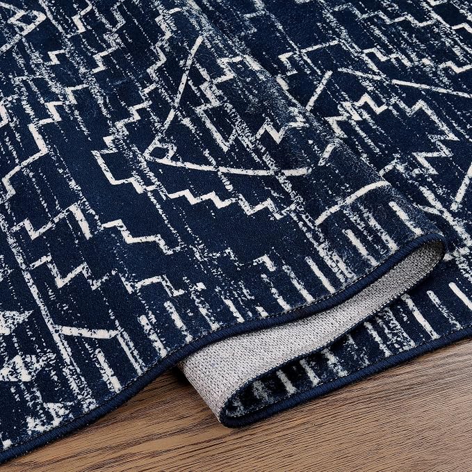 Wonnitar Washable Runner Rug for Kitchen, 2'6"x8' Moroccan Blue Hallway Carpet Runner, Non-Slip Long Geometric Rustic Entryway Floor Runner Soft Throw Mat for Bedroom Bathroom Closet (Blue,2'6"x8')