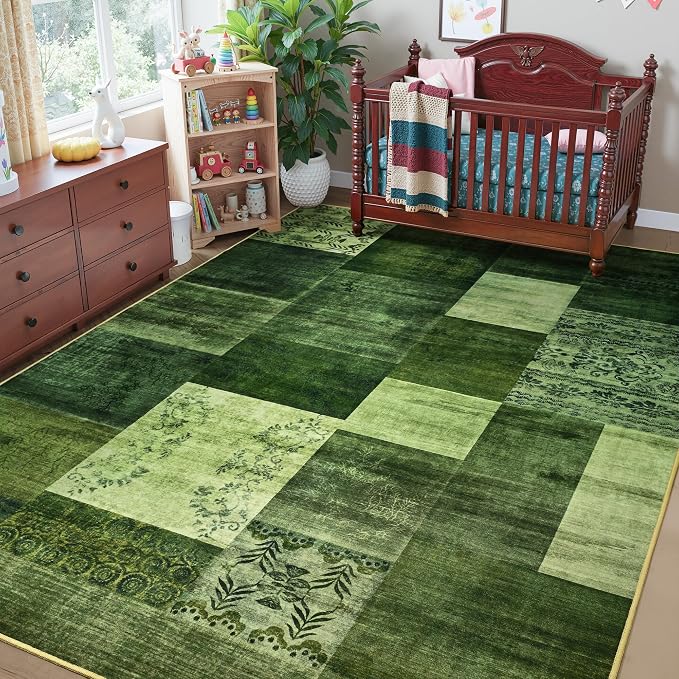 Tepook 5x7 Green Area Rugs for Living Room, Modern Large Geometric Rug for Bedroom, Washable Patchwork Rug Indoor Non Slip Throw Carpets for Dining Room Office Farmhouse Home Decor