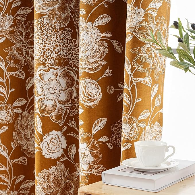 Vintage Orange Peony Floral Blackout Curtains - Cotton Blend Light Blocking Drapes with Grommet Top for Bedroom, Living Room & Office, Boho Home Decor, 52W x 63L