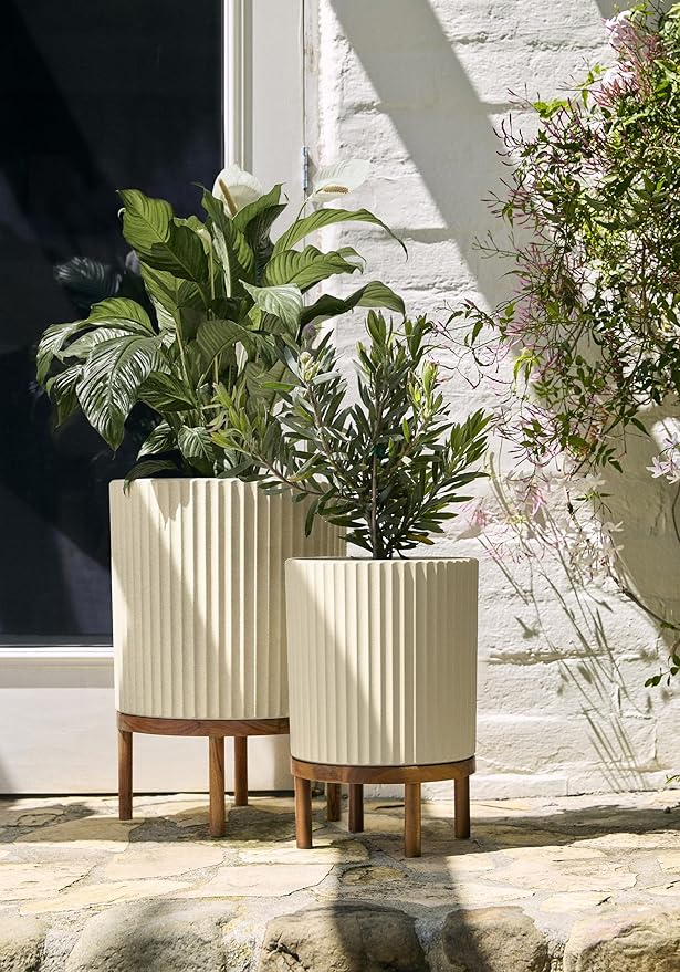 Veradek Demi Series Round Planter w/Stand for Porch/Patio | Durable Plastic-Stone Composite & Wooden Stand | Modern Décor for Tall Plants, Flowers