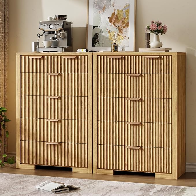 Fluted Dresser for Bedroom, 45" Tall Modern Chest of Drawers with 6 Drawers, Wood Closet Clothes Storage Organizer for Living Room, Wooden Dresser for Hallway, Natural Oak