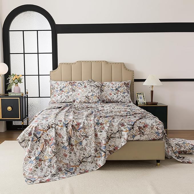 FADFAY Sheets Set Cal King Shabby Botanical Bird Floral Bed Sheets Vintage Mocha Mousse Branches Bedding Collections 100% Egyptian Cotton Breathable Soft 17.7" Deep Pocket 4Pcs, California King Size