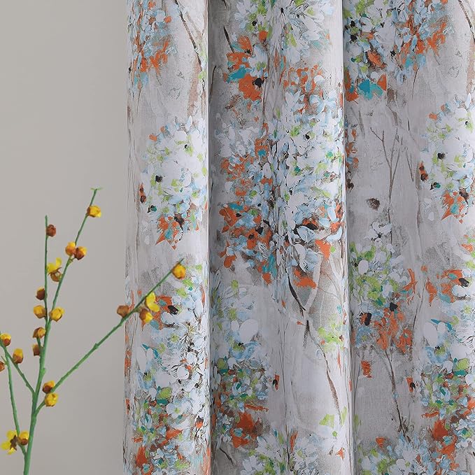 MYSKY HOME Floral Blackout Curtains 63 Inch Long Living Room Bedroom Curtains Thermal Insulated Privacy Protection Curtains Printed Flower Leaf Window Treatments, 2 Panels, Orange and Green
