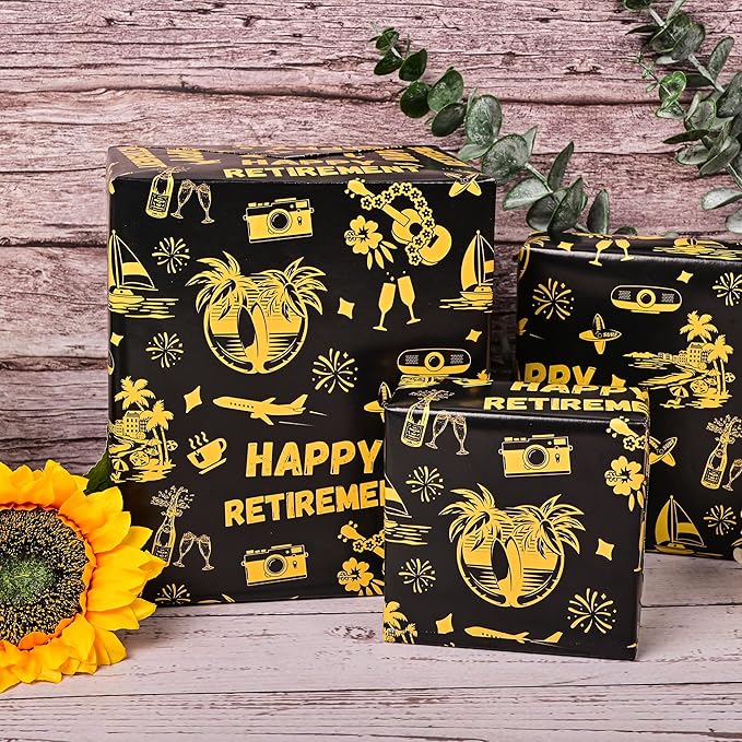 Altarho Retirement Wrapping Paper Roll for Womem Men - Happy Retirement Holiday Design Black Going Away Gift Wrap Sheets for Birthday Celebration Farewell Party Supplies Total 28.5sq.ft