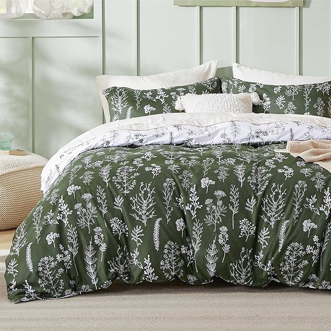 Bedsure Duvet Cover Queen Size - Reversible Dark Green Queen Duvet Cover Set with Zipper Closure, 3 Pieces Floral Patterned Bedding Set with 8 Corner Ties and 2 Pillow Shams