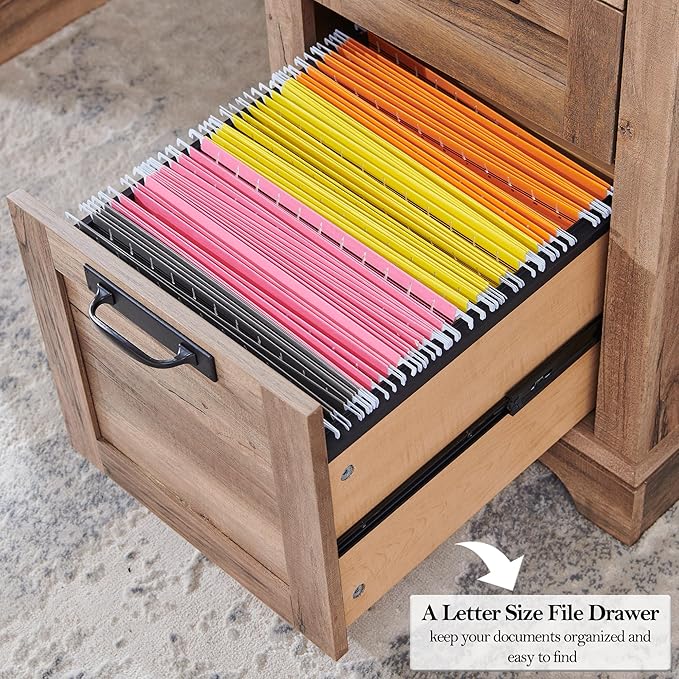 RedLemon 60" Farmhouse Executive Desk, Home Office Desk with Drawers, Charging Station, Keyboard Tray, File Drawer, Storage Cabinet, Wood Rustic Computer Writing Desk (Natural Oak)