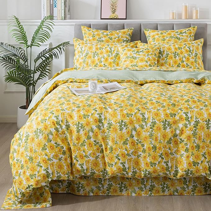 FADFAY Sunflower Duvet Cover Set Twin Vintage Yellow Daisy Floral Bedding Shabby Botanical Comforter Cover Set 100% Percale Cotton Ultra Soft Quilt Cover with Hidden Zipper Closure 3Pcs, Twin Size