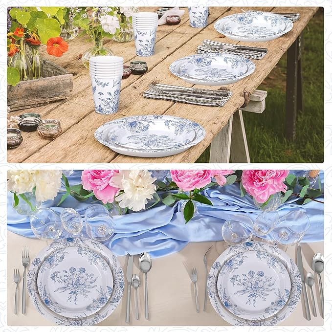 96 Piece Blue and White Floral Disposable Party Supplies Elegant Floral Paper Plates, Cups, and Napkins 9 Inch and 7 Inch Plates Serves 24 Guests for Birthday or Baby Shower