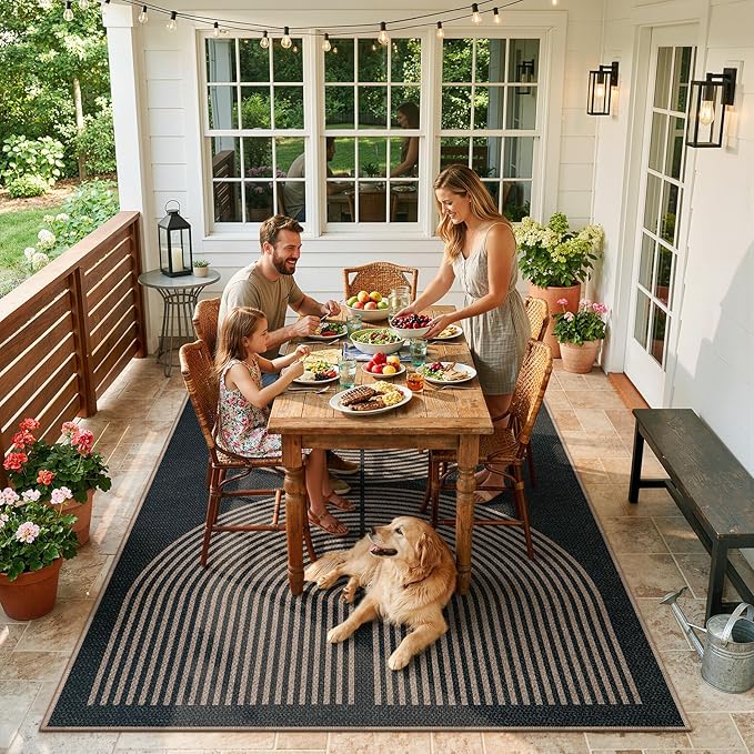 Lahome Modern Rainbow Easy Jute Carpet, Washable 5x7 Area Rugs for Living Room Patio Black Farmhouse Indoor Outdoor Rugs, Contemporary Natural Non Slip Floor Carpet for Office RV Backyard